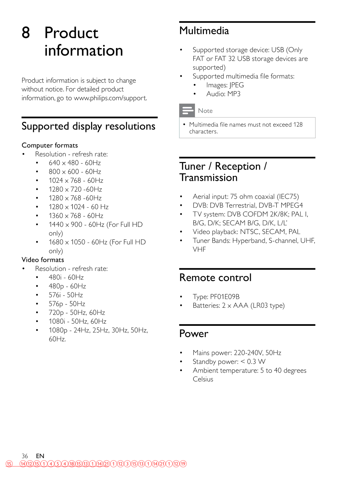 Philips 32PFL3605/12 user manual Supported display resolutions, Multimedia, Tuner / Reception Transmission, Power 