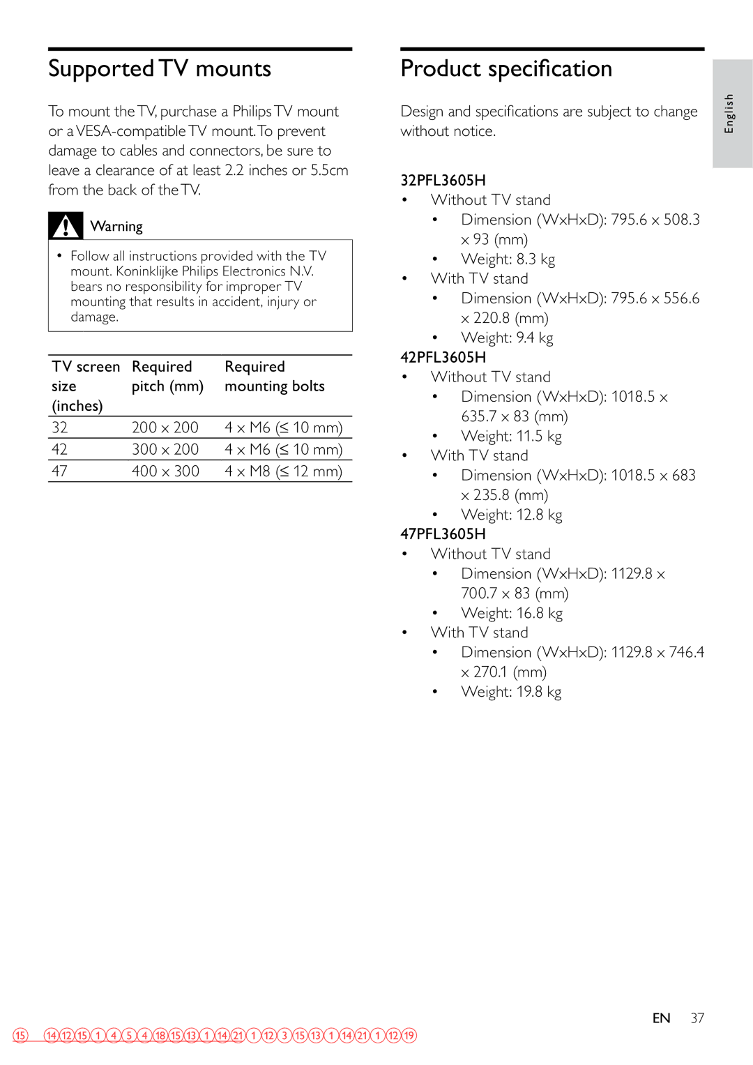 Philips 32PFL3605/12 user manual Supported TV mounts, Product speciﬁcation 