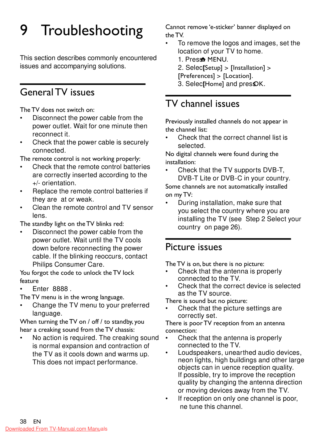 Philips 32PFL3605/12 user manual Troubleshooting, General TV issues, TV channel issues, Picture issues 