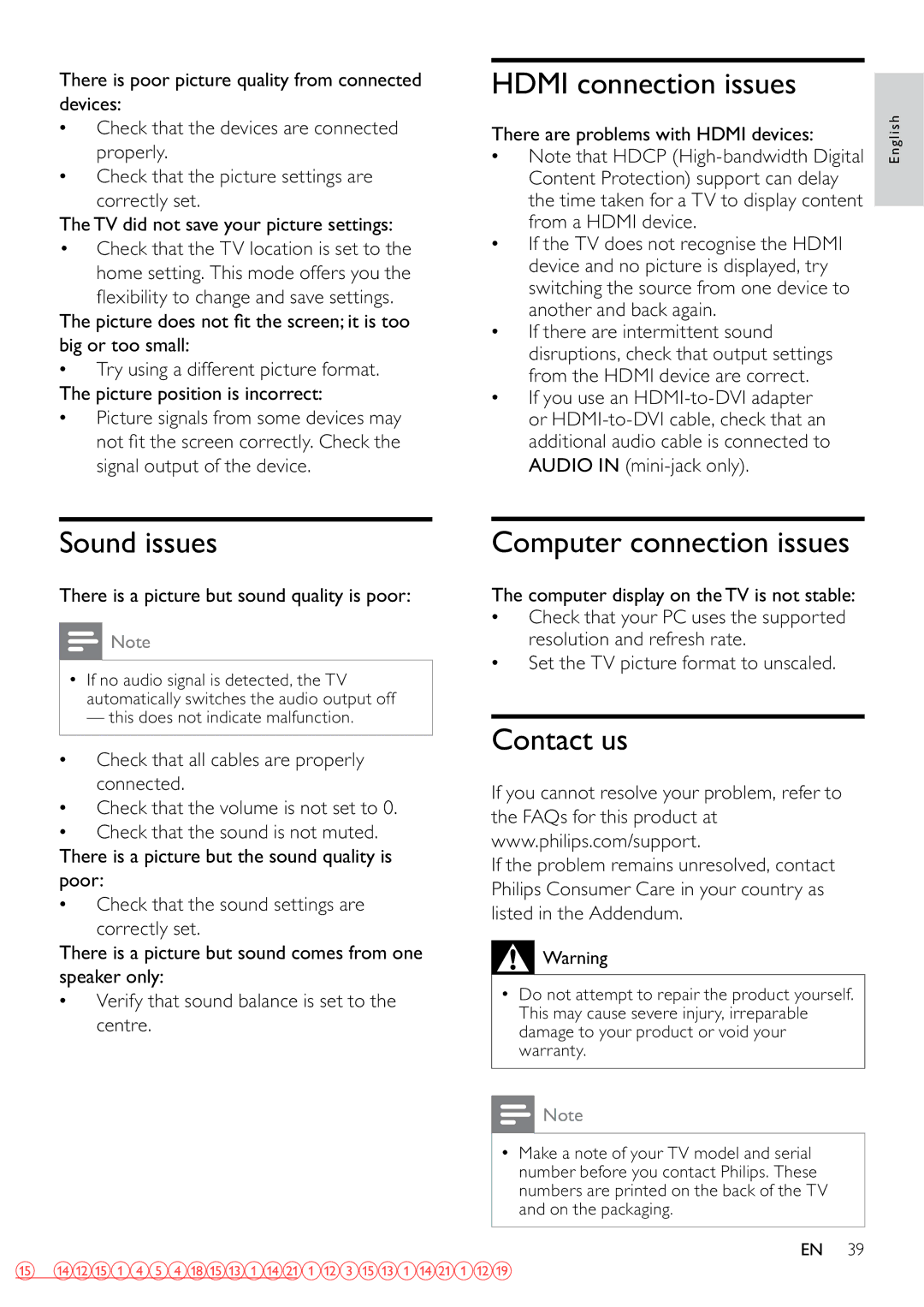 Philips 32PFL3605/12 user manual Hdmi connection issues, Sound issues, Computer connection issues, Contact us 