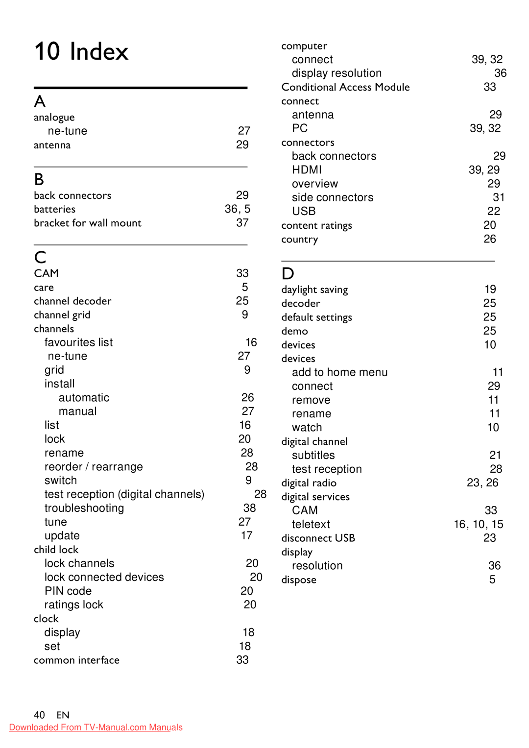 Philips 32PFL3605/12 user manual Index, Overview Side connectors, Teletext 16, 10 Disconnect USB Display Resolution Dispose 