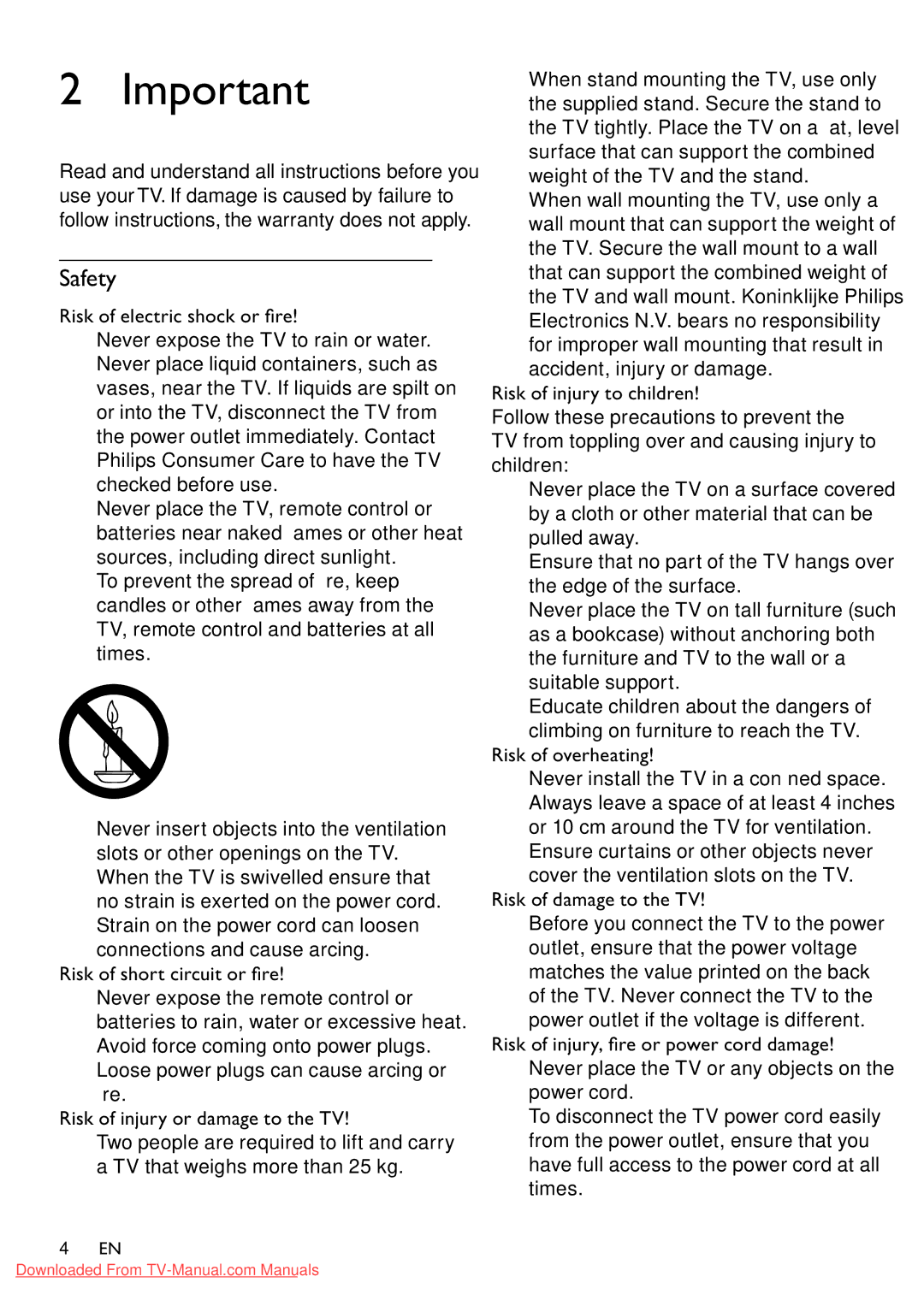 Philips 32PFL3605/12 user manual Safety, Risk of short circuit or ﬁre 