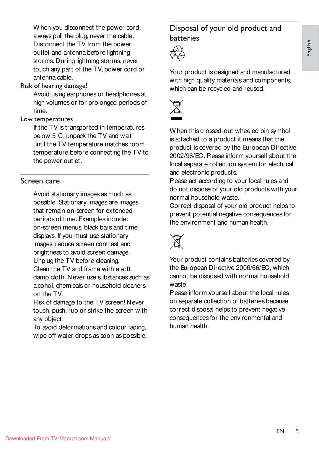 Philips 32PFL3605/12 user manual Screen care, Disposal of your old product and batteries 