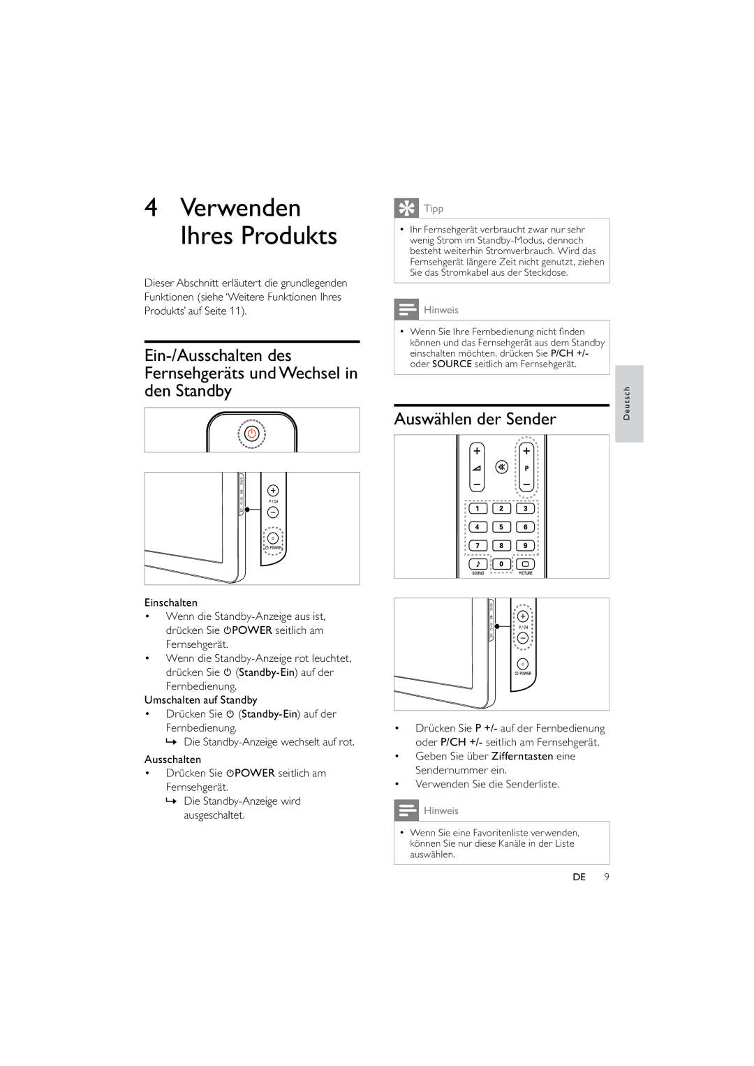 Philips 42PFL3704/12, 32PFL3614/12 manual Verwenden Ihres Produkts, Auswählen der Sender 