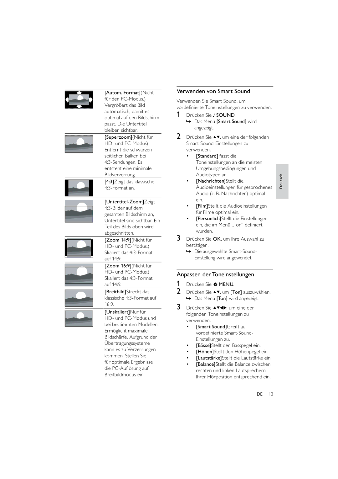 Philips 42PFL3704/12, 32PFL3614/12 manual Verwenden von Smart Sound, Anpassen der Toneinstellungen 