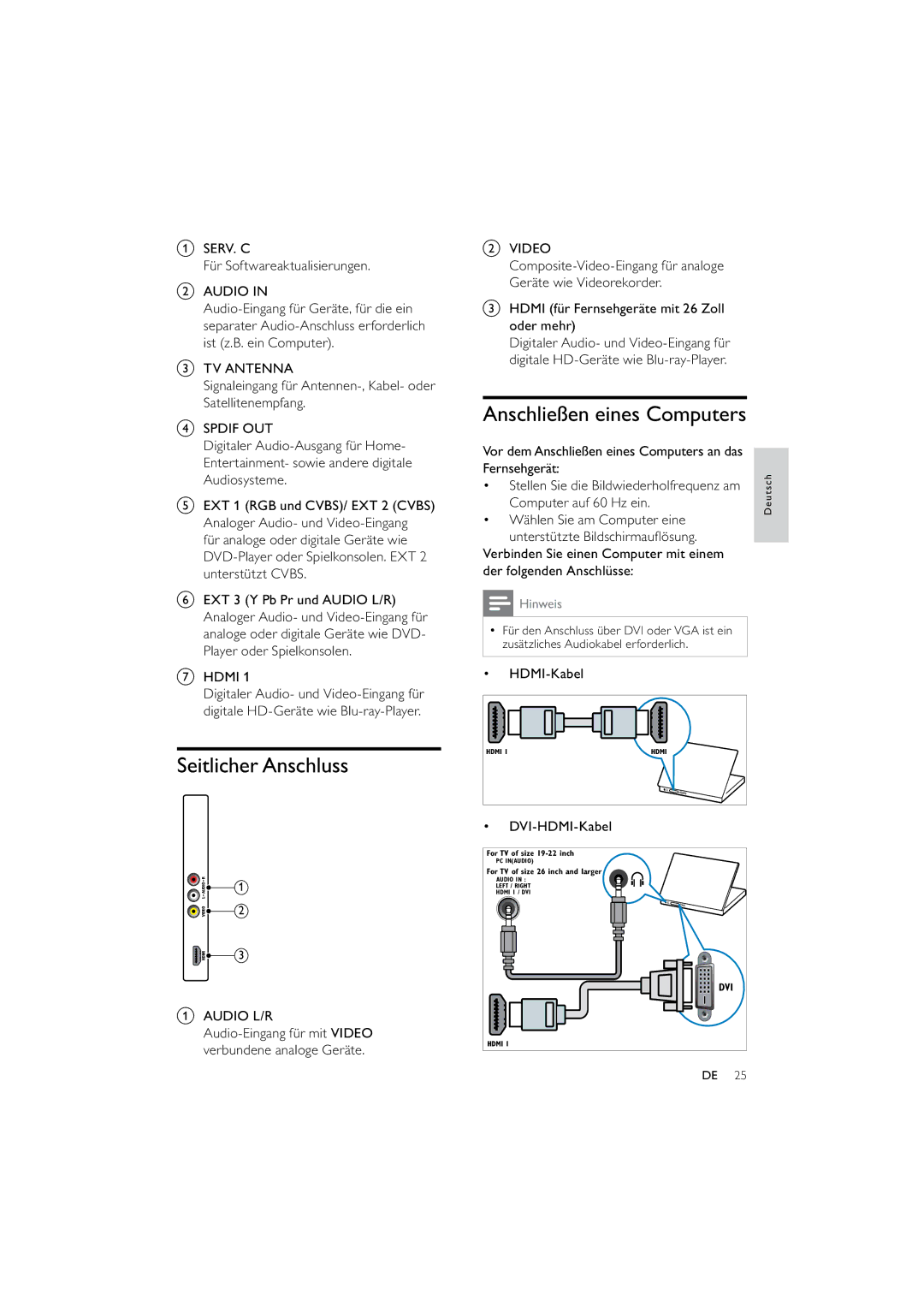 Philips 42PFL3704/12, 32PFL3614/12 manual Seitlicher Anschluss, Anschließen eines Computers, HDMI-Kabel DVI-HDMI-Kabel 