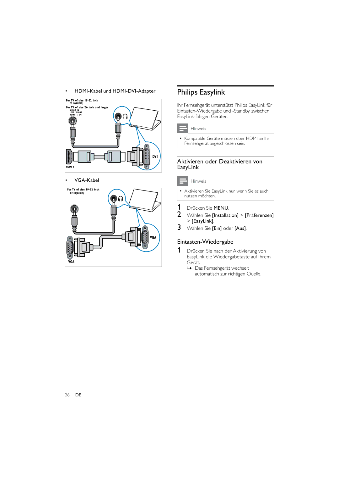 Philips 32PFL3614/12 manual Philips Easylink, Aktivieren oder Deaktivieren von EasyLink, Eintasten-Wiedergabe, VGA-Kabel 