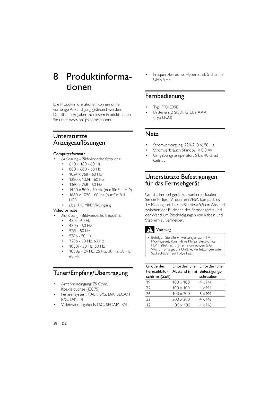 Philips 32PFL3614/12, 42PFL3704/12 manual Unterstützte Anzeigeauﬂösungen, Tuner/Empfang/Übertragung, Netz 