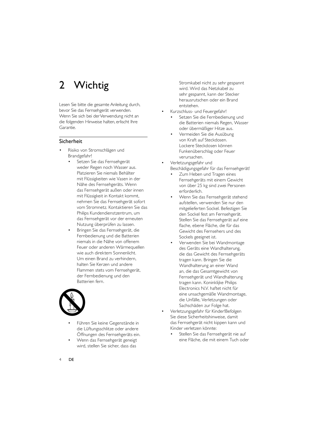 Philips 32PFL3614/12 manual Wichtig, Sicherheit, Risiko von Stromschlägen und Brandgefahr, Kurzschluss- und Feuergefahr 