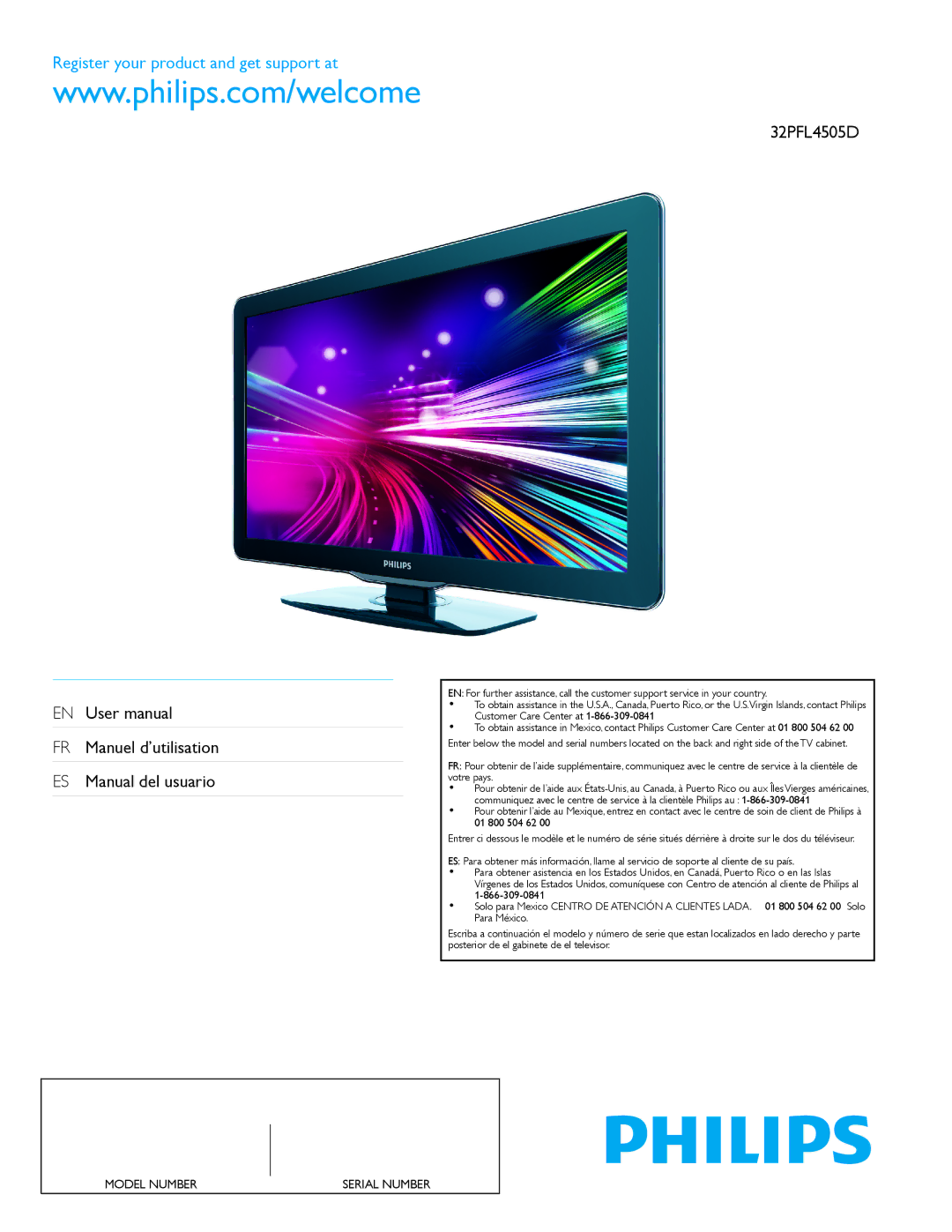 Philips 32PFL4505D user manual Register your product and get support at 