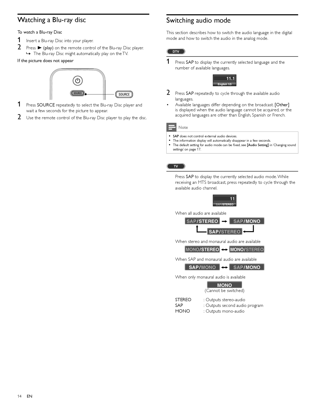 Philips 32PFL4505D user manual Watching a Blu-ray disc, Switching audio mode 