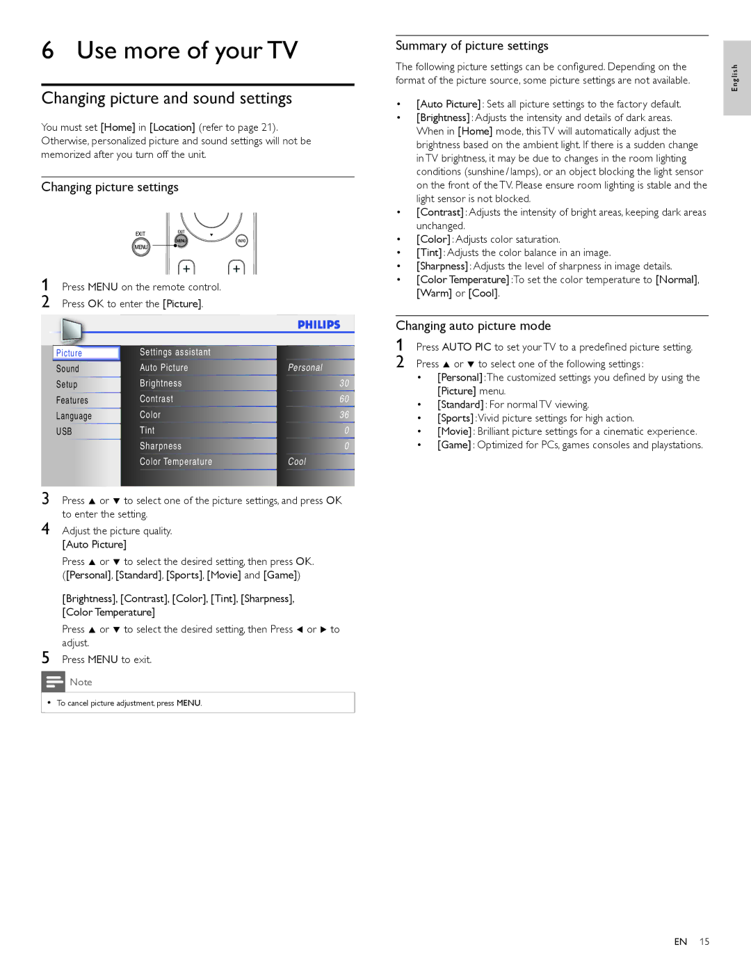 Philips 32PFL4505D user manual Use more of your TV, Changing picture and sound settings, Changing picture settings 