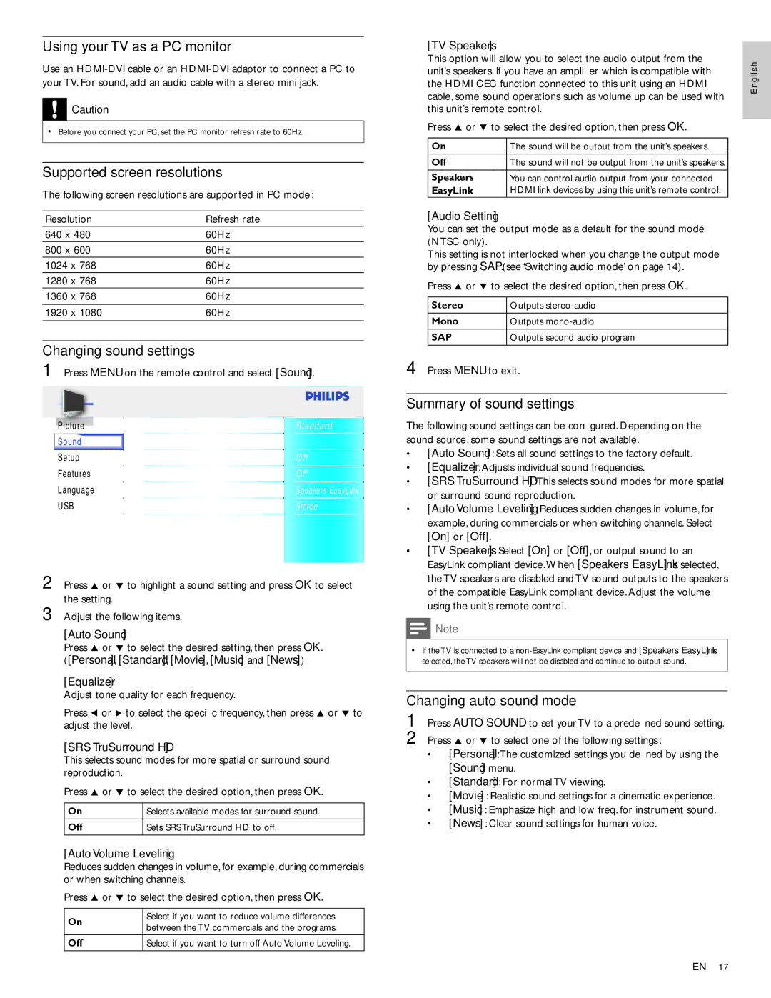 Philips 32PFL4505D user manual Using your TV as a PC monitor, Supported screen resolutions, Changing sound settings 