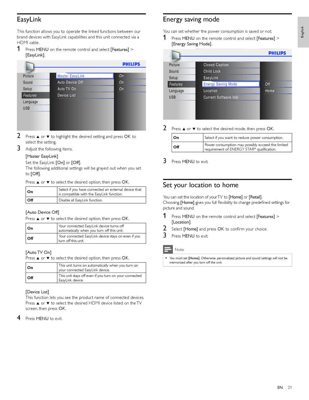 Philips 32PFL4505D user manual EasyLink, Energy saving mode, Set your location to home 