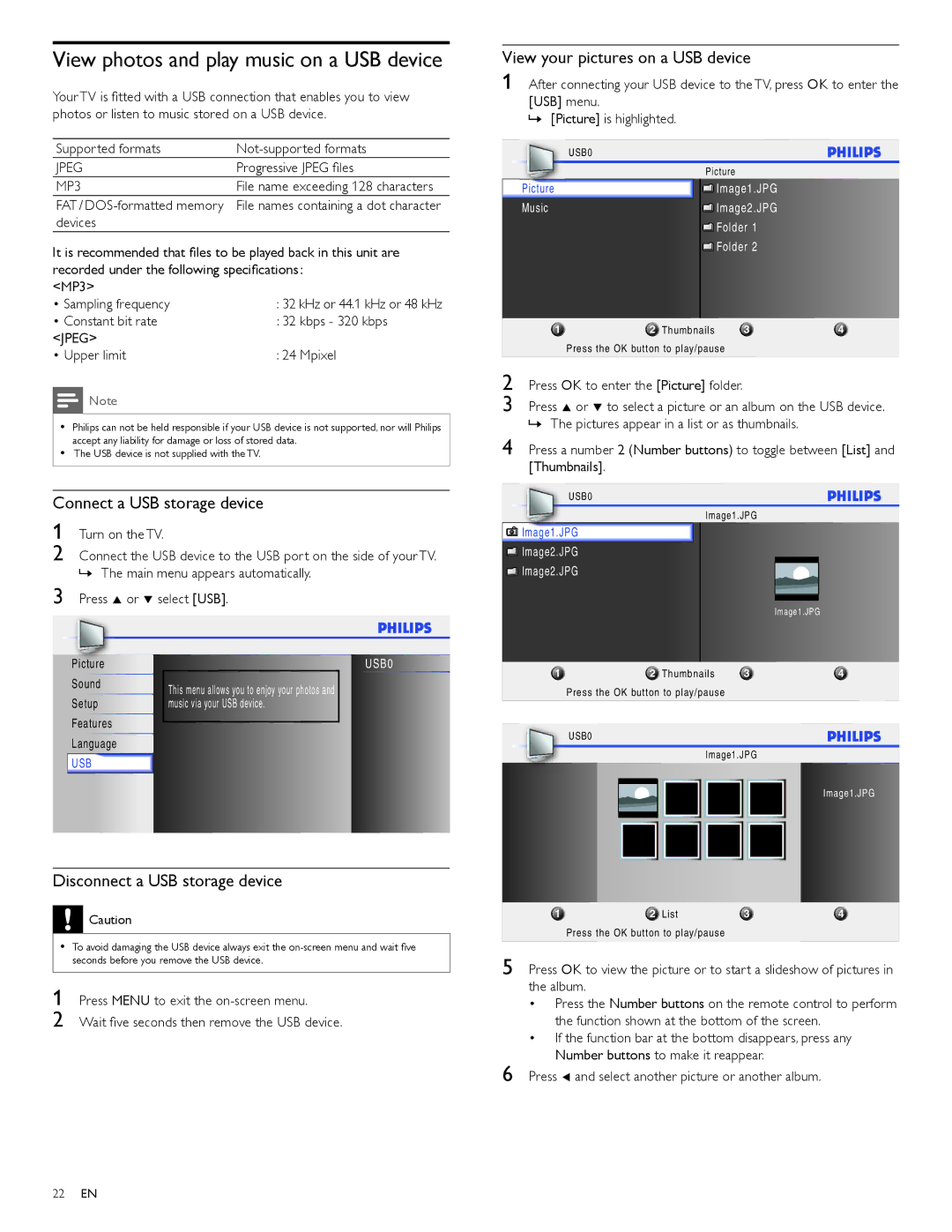 Philips 32PFL4505D user manual View photos and play music on a USB device, Connect a USB storage device 