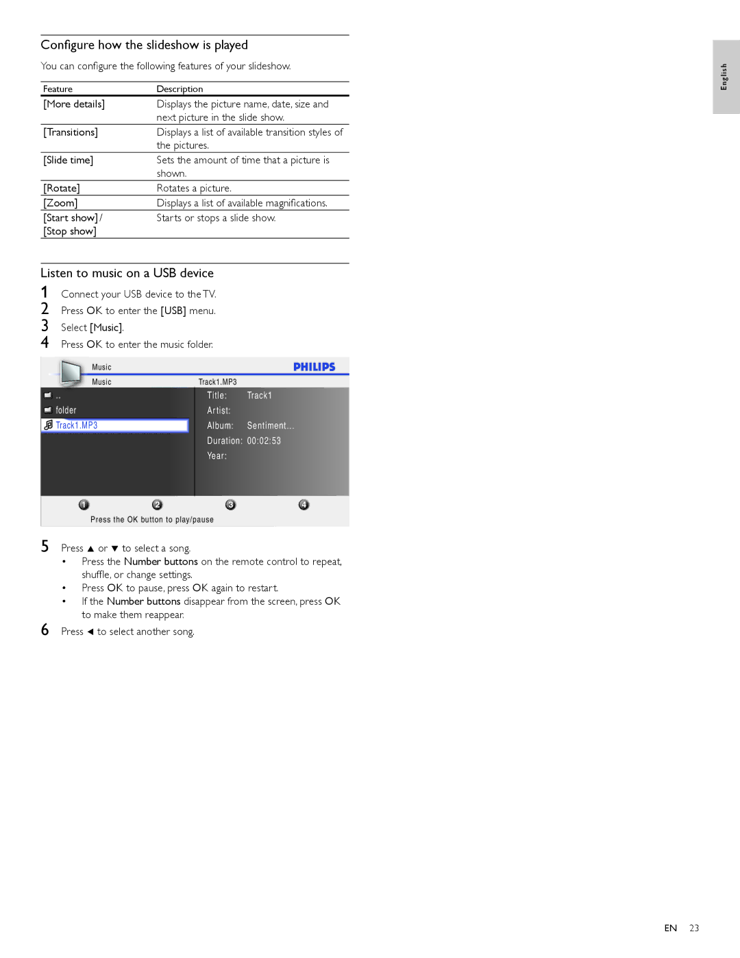 Philips 32PFL4505D user manual Conﬁgure how the slideshow is played, Listen to music on a USB device 