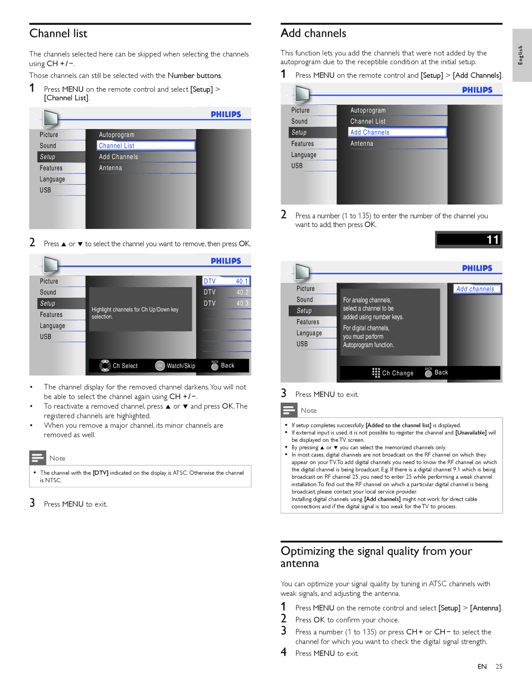 Philips 32PFL4505D user manual Channel list, Add channels, Optimizing the signal quality from your antenna 
