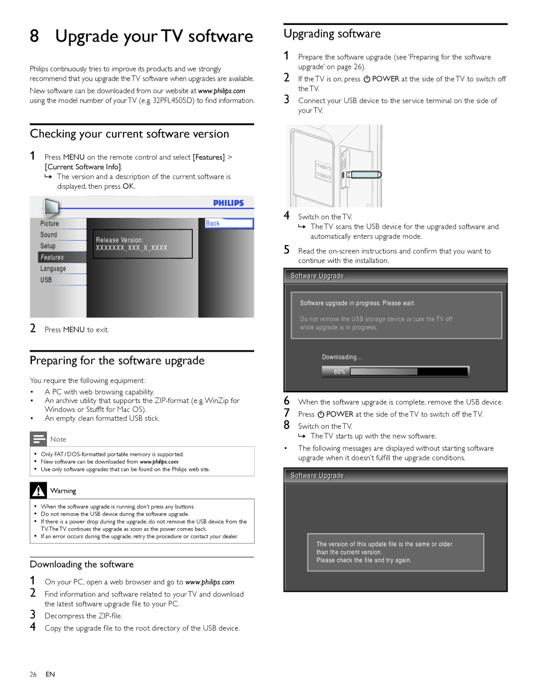 Philips 32PFL4505D Upgrade your TV software, Checking your current software version, Preparing for the software upgrade 