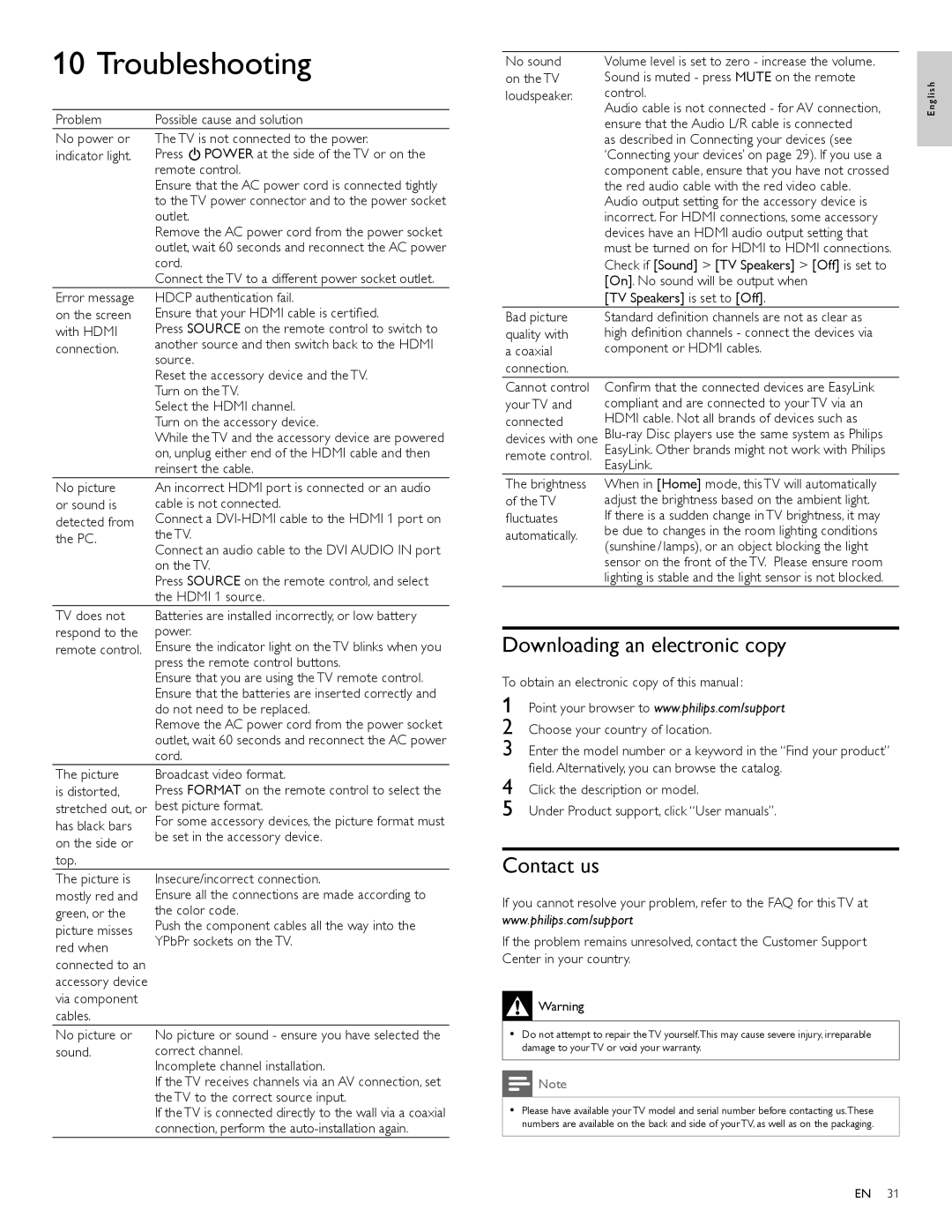 Philips 32PFL4505D user manual Troubleshooting, Downloading an electronic copy, Contact us 