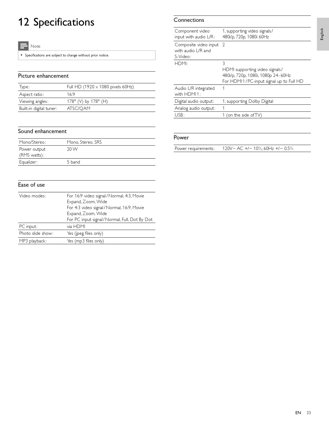 Philips 32PFL4505D user manual Specifications 