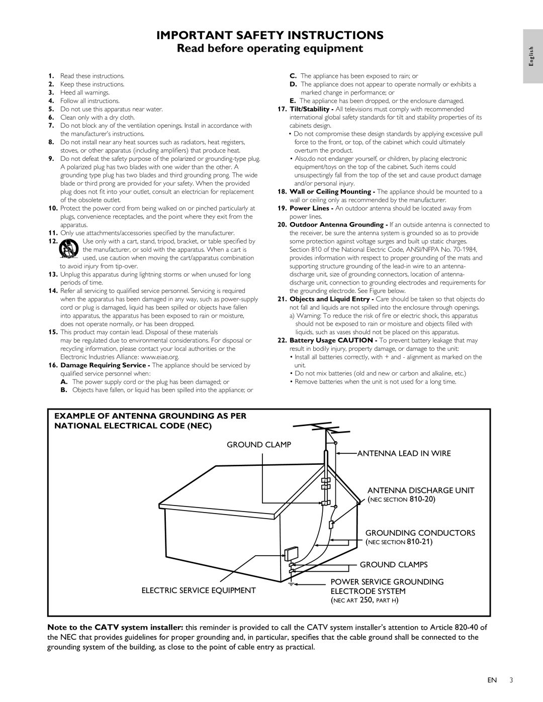 Philips 32PFL4505D user manual Grounding Conductors, Ground Clamps Power Service Grounding Electrode System 