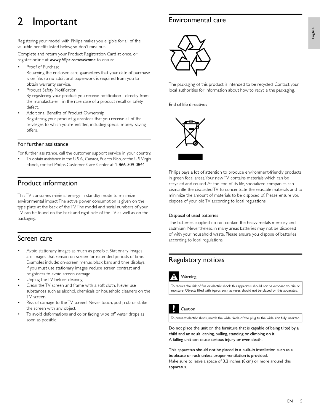 Philips 32PFL4505D Product information, Screen care, Environmental care, Regulatory notices, For further assistance 