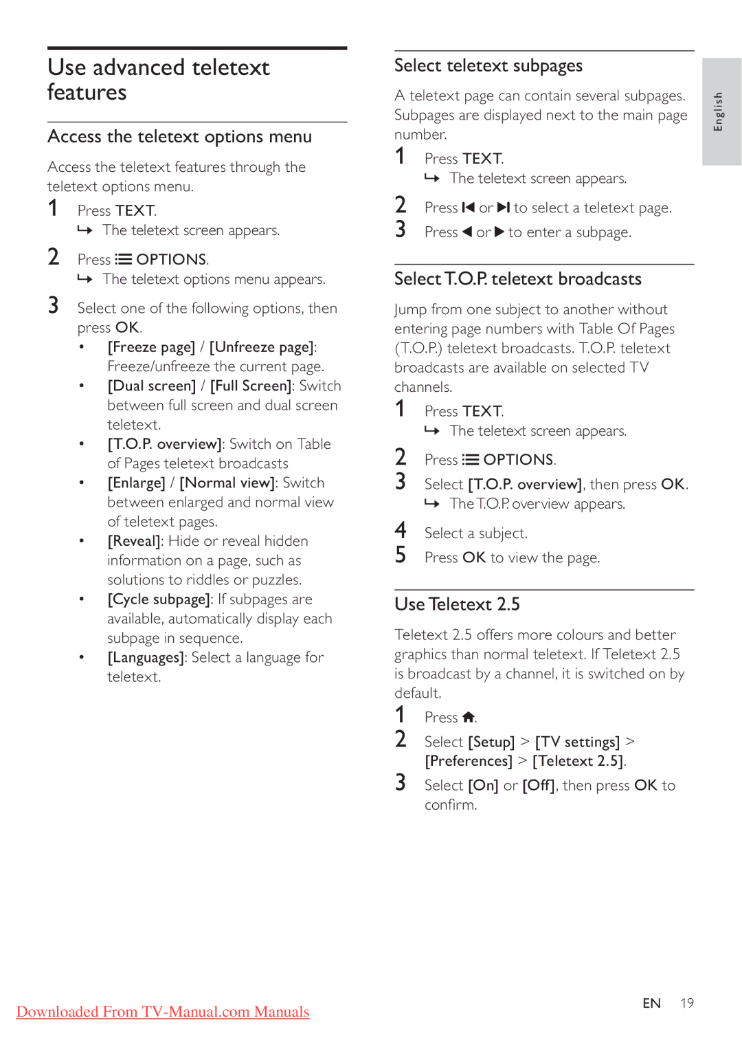 Philips 32PFL3406H, 32PFL4606H Use advanced teletext features, Access the teletext options menu, Select teletext subpages 