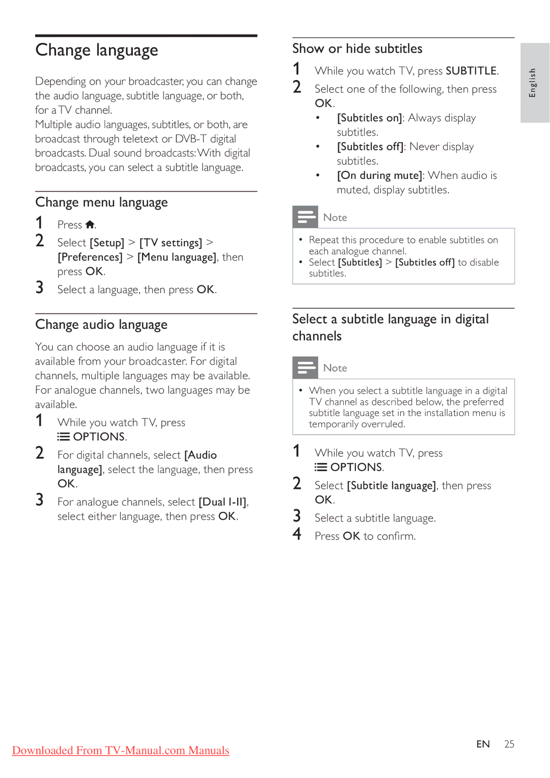 Philips 37PFL4606H, 32PFL4606H Change language, Change menu language, Change audio language, Show or hide subtitles 