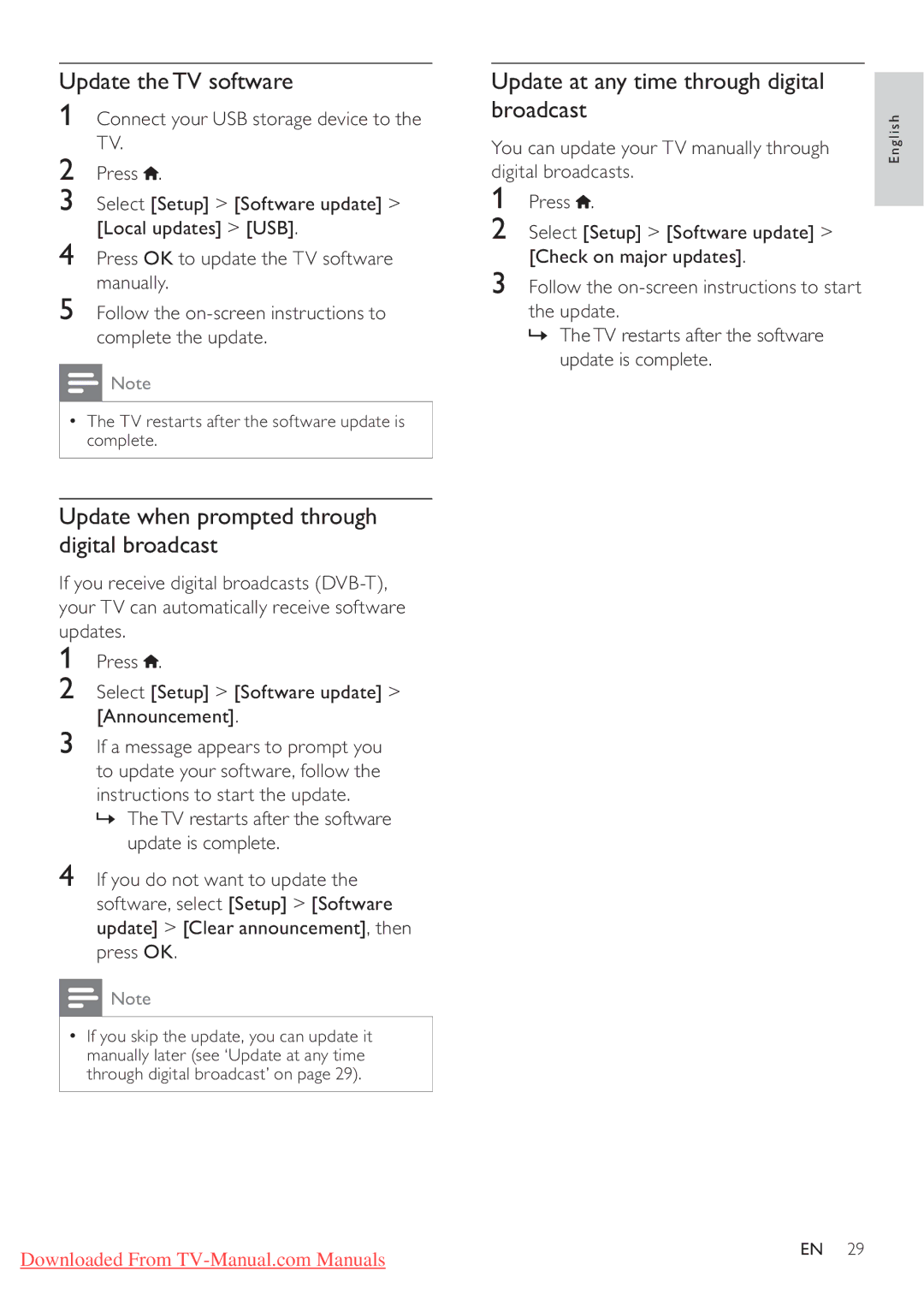 Philips 32PFL5406H, 32PFL4606H, 37PFL4606H user manual Update the TV software, Update when prompted through digital broadcast 