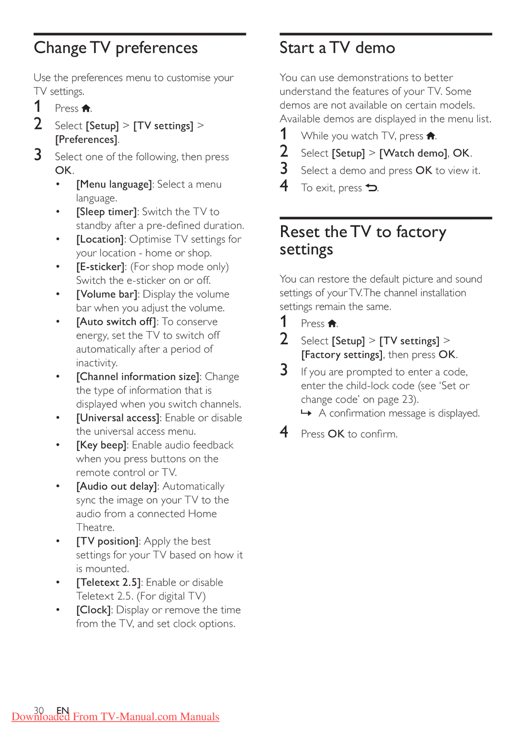 Philips 32PFL3506H Change TV preferences, Start a TV demo, Reset the TV to factory settings, Change code’ on Press OK 