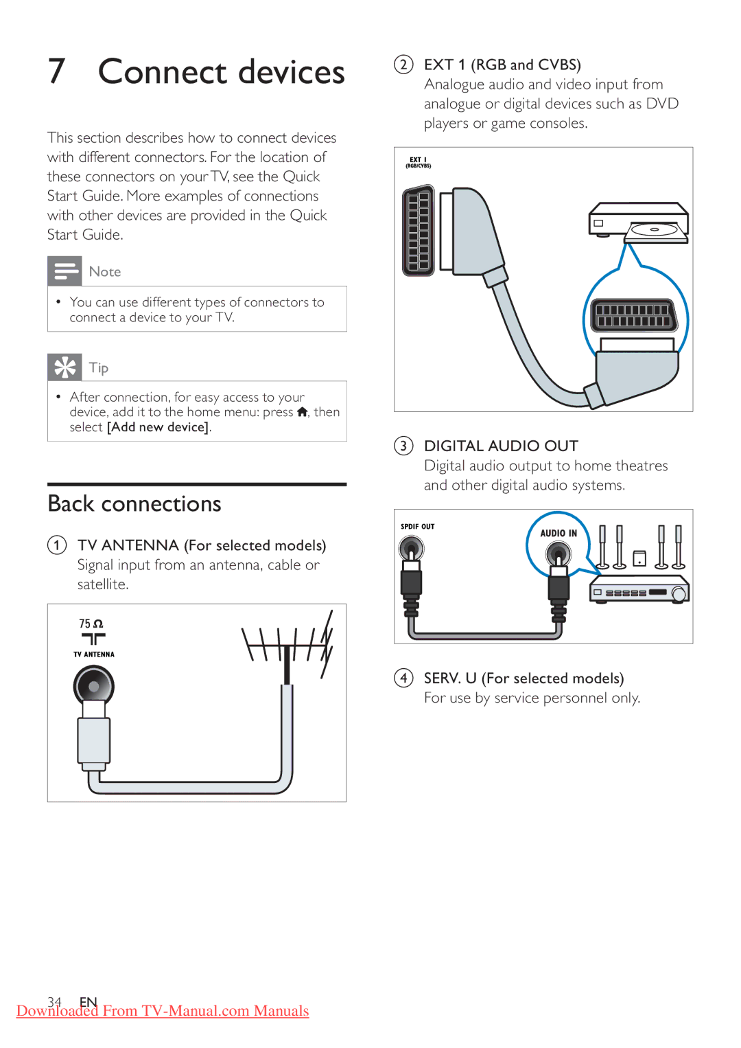 Philips 42PFL3506H, 32PFL4606H, 37PFL4606H, 47PFL4606H, 42PFL3606H, 40PFL5606H, 32PFL5406H Connect devices, Back connections 