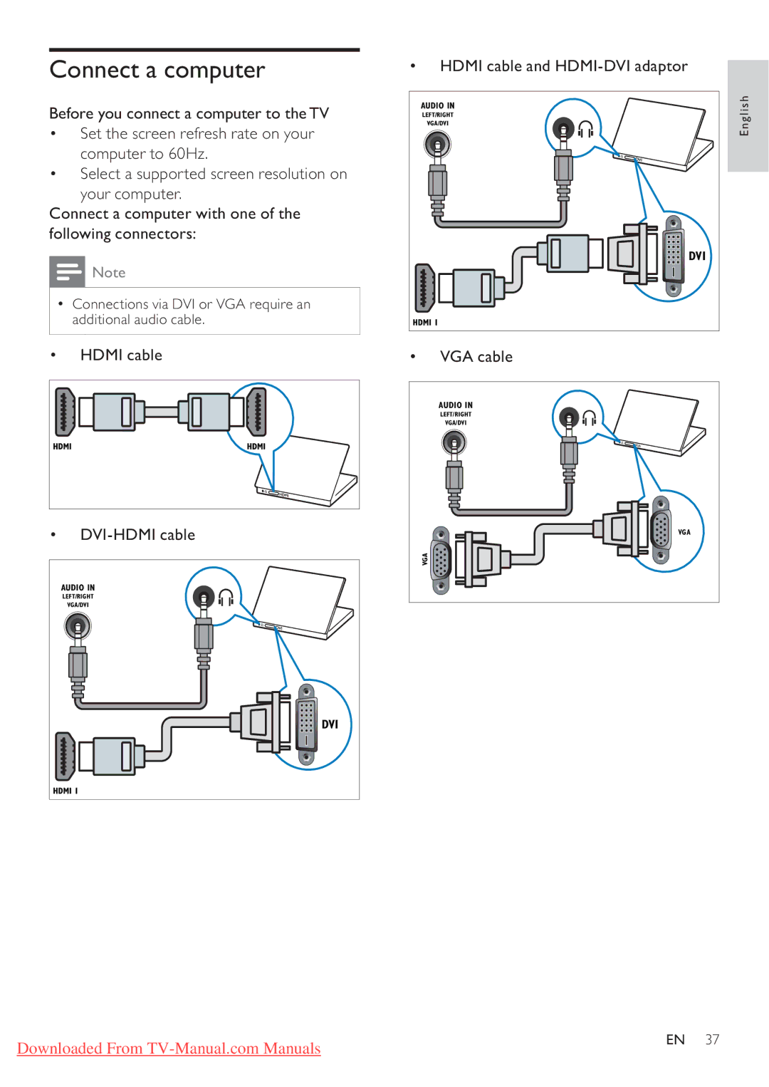 Philips 32PFL4606H, 37PFL4606H Connect a computer, Hdmi cable DVI-HDMI cable, Hdmi cable and HDMI-DVI adaptor, VGA cable 