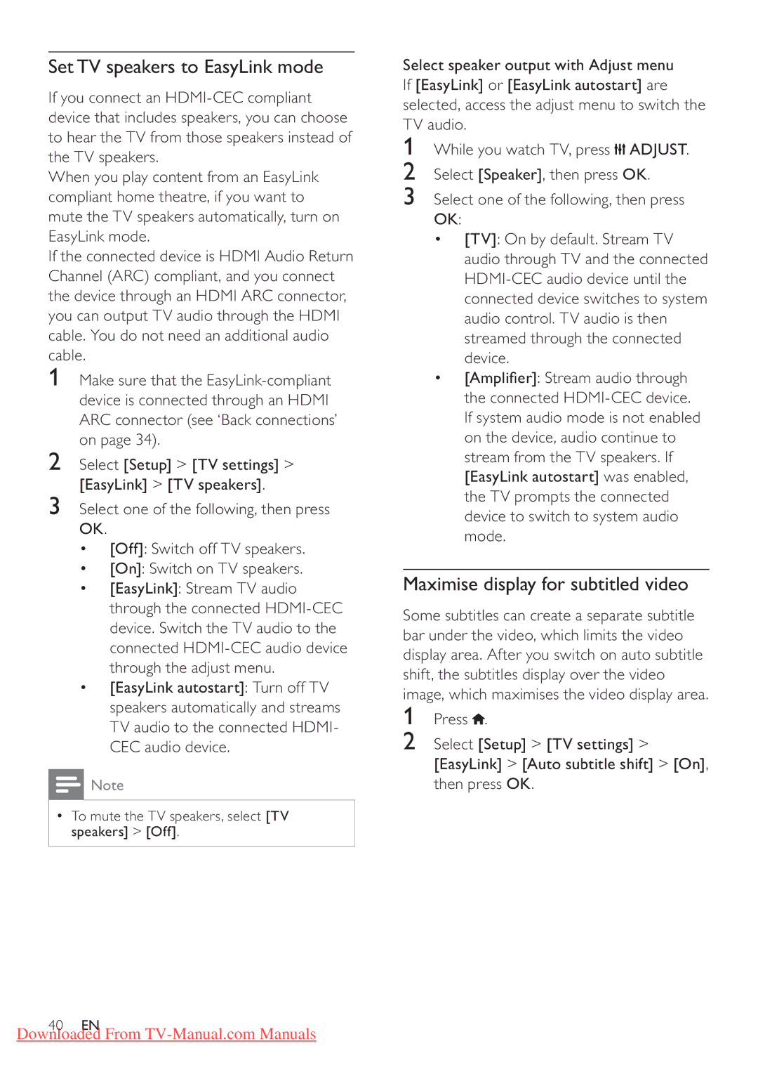 Philips 42PFL3606H, 32PFL4606H, 37PFL4606H user manual Set TV speakers to EasyLink mode, Maximise display for subtitled video 