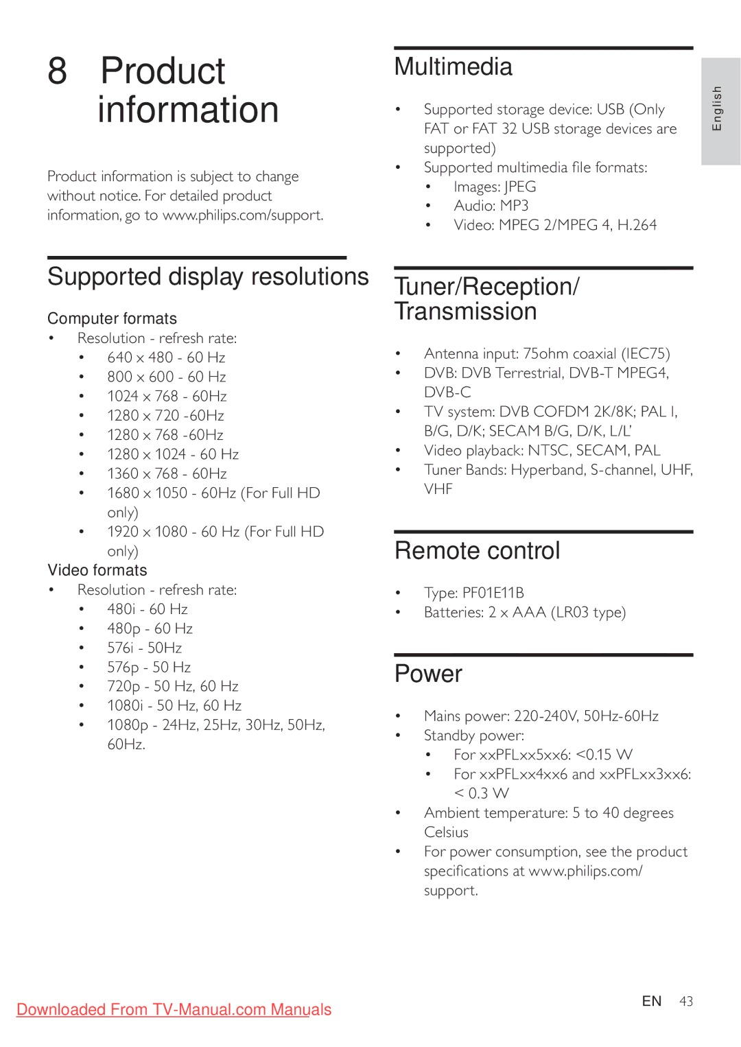 Philips 32PFL3506H, 32PFL4606H, 37PFL4606H Multimedia, Supported display resolutions, Tuner/Reception Transmission, Power 