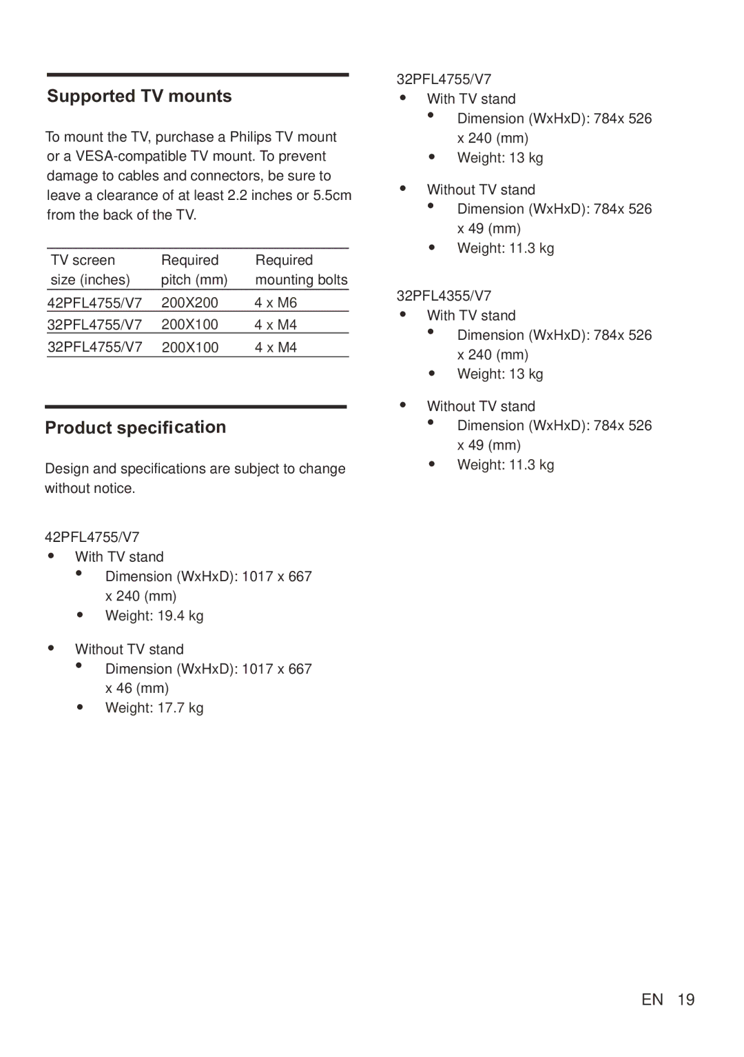 Philips 42PFL4755/V7, 32PFL4755/V7, 32PFL4355/V7 user manual Supported TV mounts, Product specification 