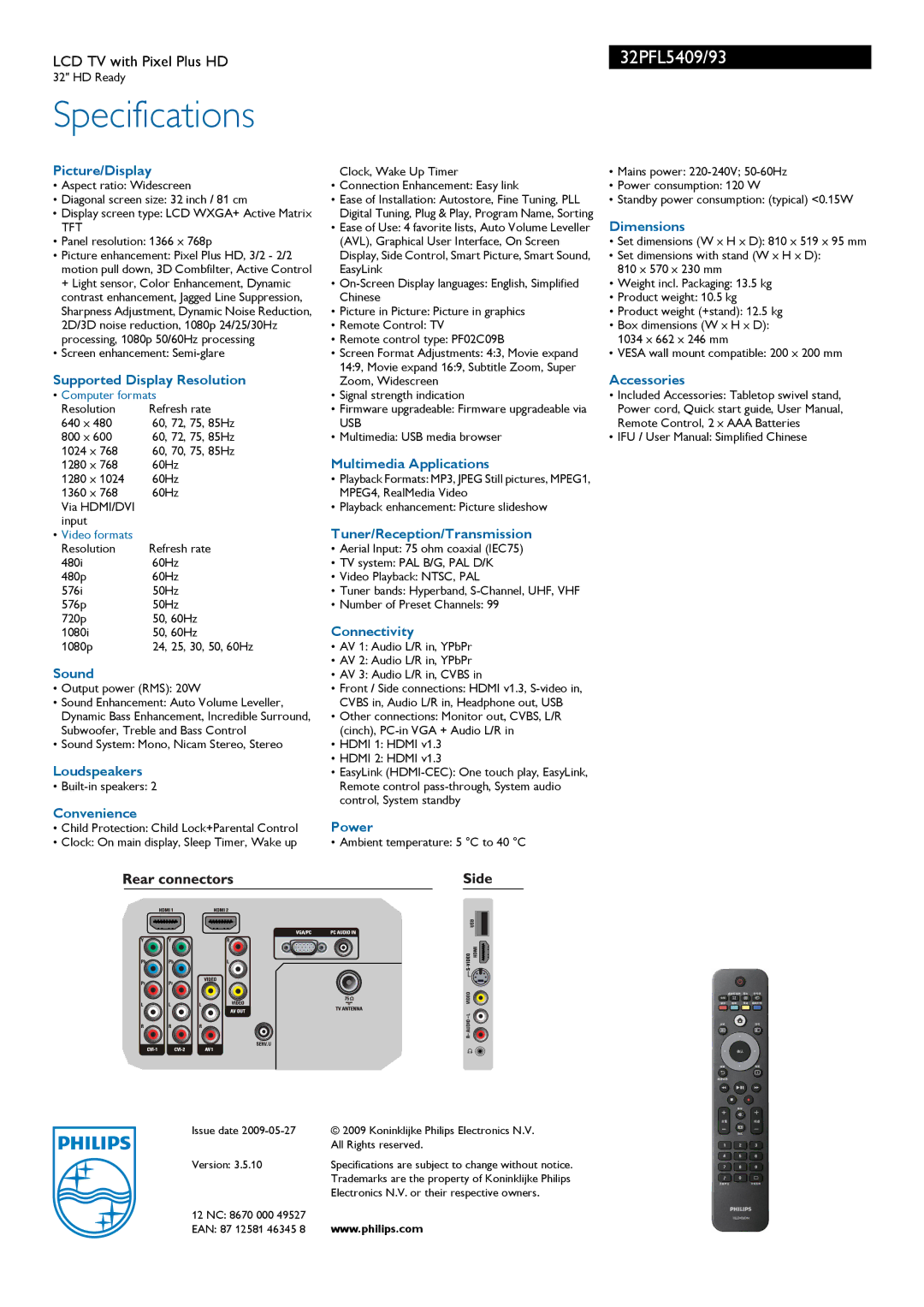 Philips 32PFL5409 Picture/Display, Dimensions, Supported Display Resolution, Accessories, Multimedia Applications, Sound 