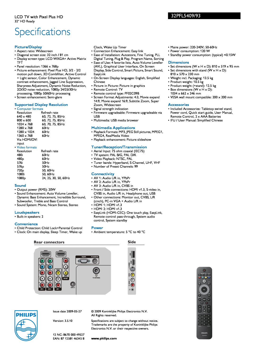 Philips manual Specifications, 32PFL5409/93, LCD TV with Pixel Plus HD 
