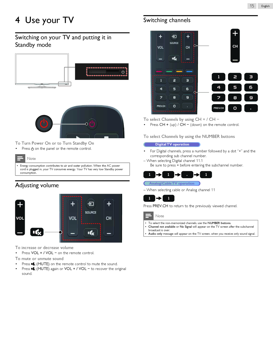 Philips 32PFL5708/F7, 40PFL5708/F7 Use your TV, Switching on your TV and putting it in Standby mode, Adjusting volume 