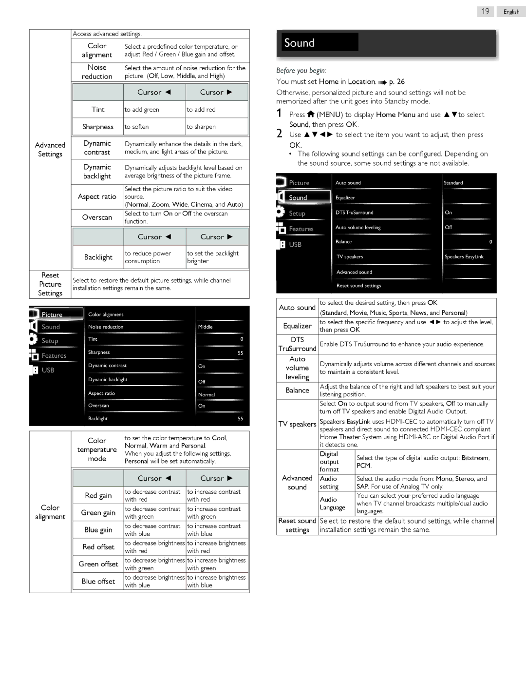 Philips 50PFL5708/F7, 32PFL5708/F7, 40PFL5708/F7, 39PFL5708/F7, 47PFL5708/F7 user manual Cursor Tint, Cursor Backlight, Reset 