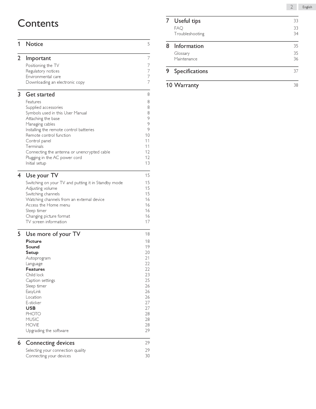 Philips 39PFL5708/F7, 32PFL5708/F7, 40PFL5708/F7, 47PFL5708/F7, 50PFL5708/F7 user manual Contents 