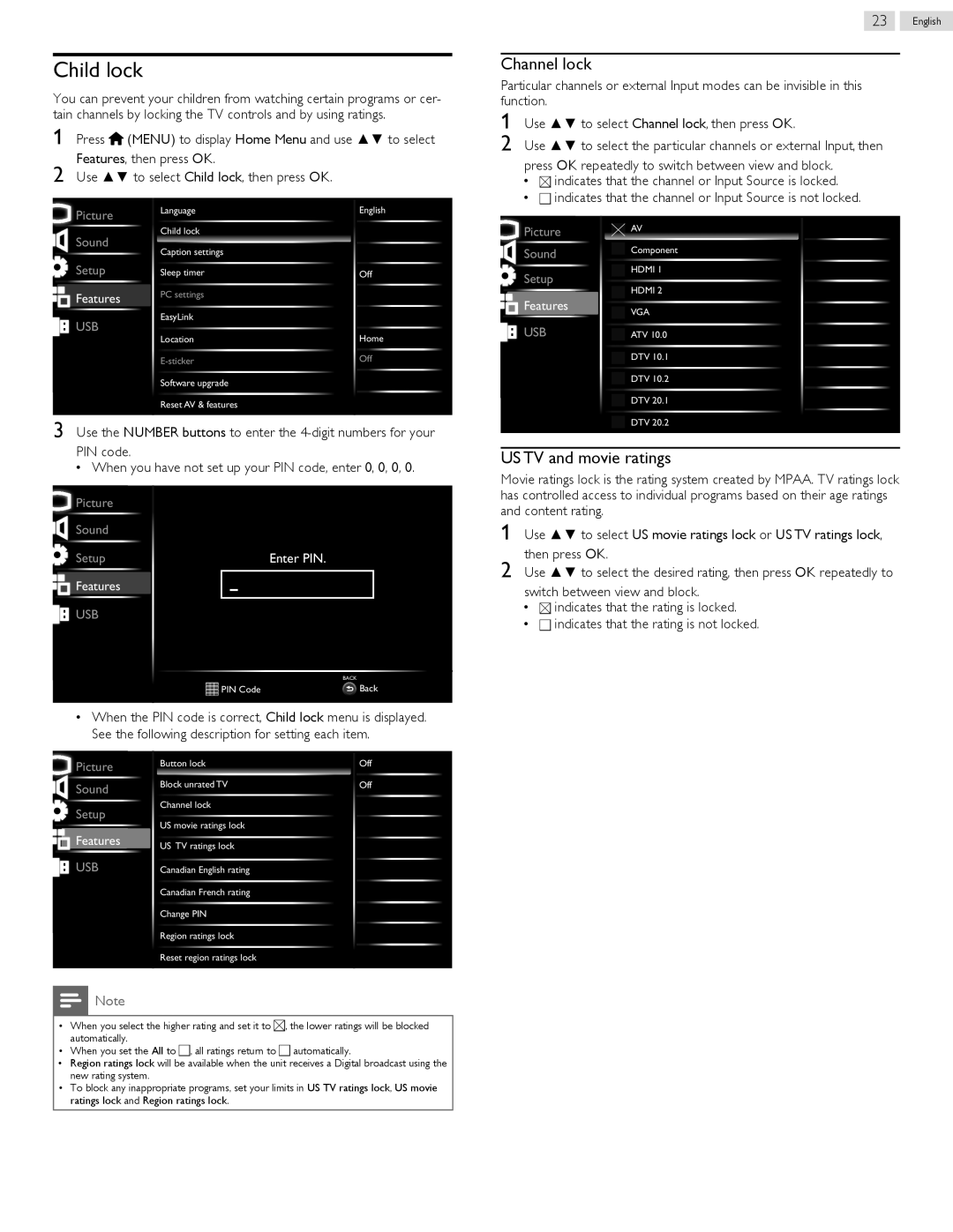 Philips 47PFL5708/F7, 32PFL5708/F7, 40PFL5708/F7, 39PFL5708/F7 user manual Child lock, Channel lock, US TV and movie ratings 