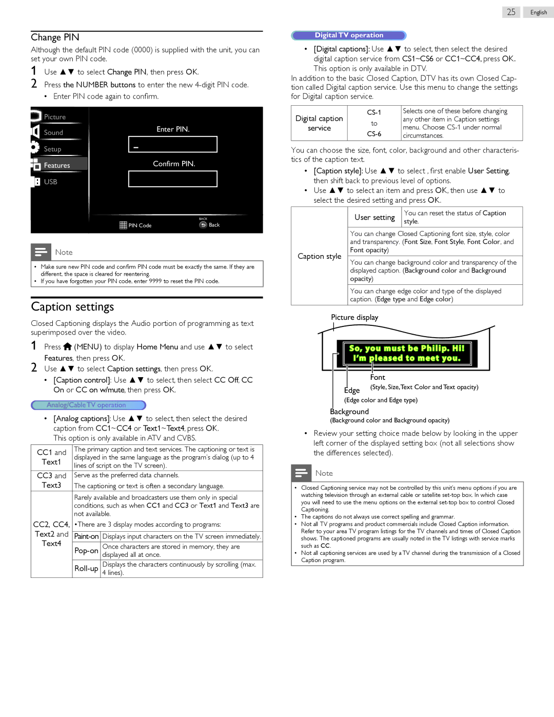 Philips 32PFL5708/F7, 40PFL5708/F7, 39PFL5708/F7, 47PFL5708/F7, 50PFL5708/F7 user manual Caption settings, Change PIN 