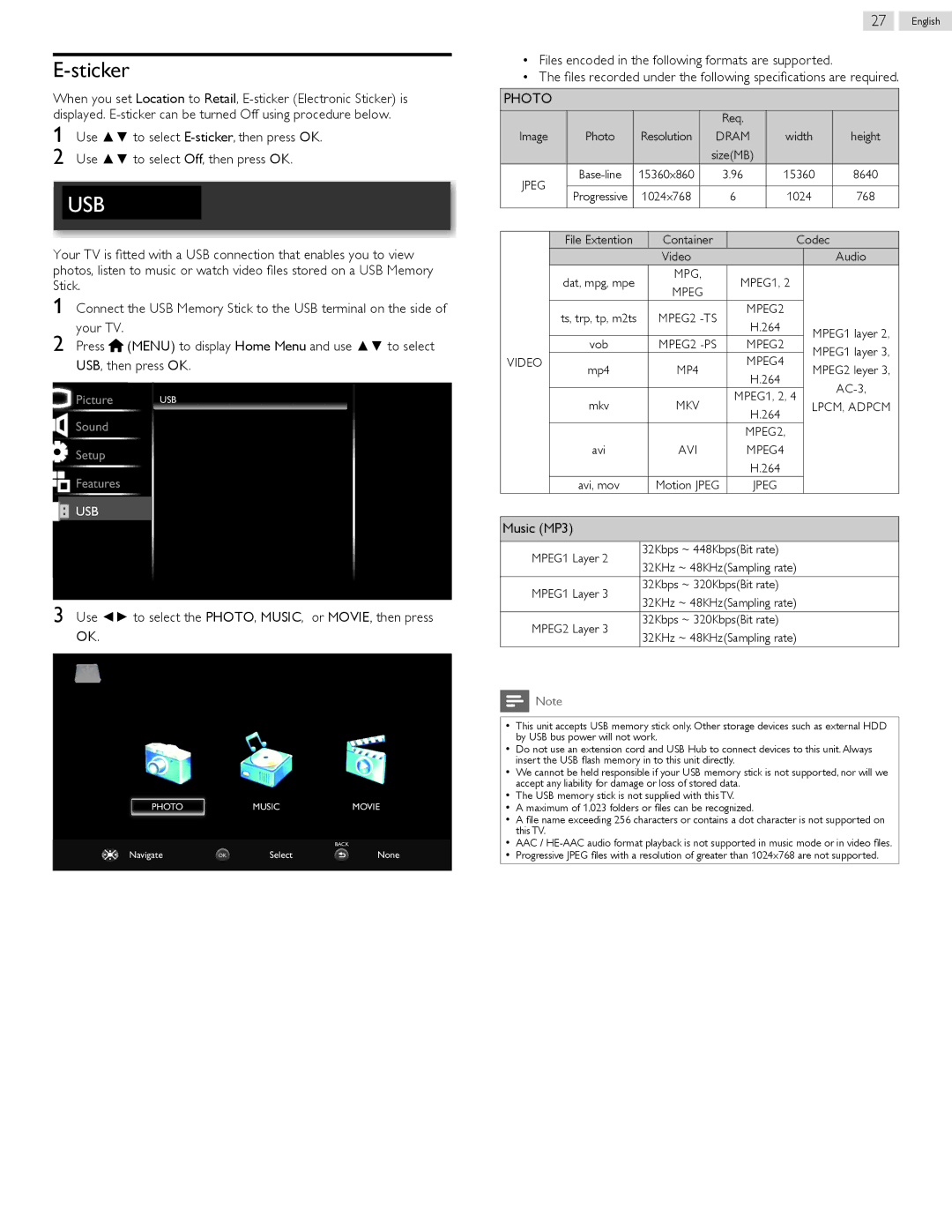 Philips 39PFL5708/F7, 32PFL5708/F7 Sticker, Use to select the PHOTO, MUSIC, or MOVIE, then press, Photo, Music MP3 