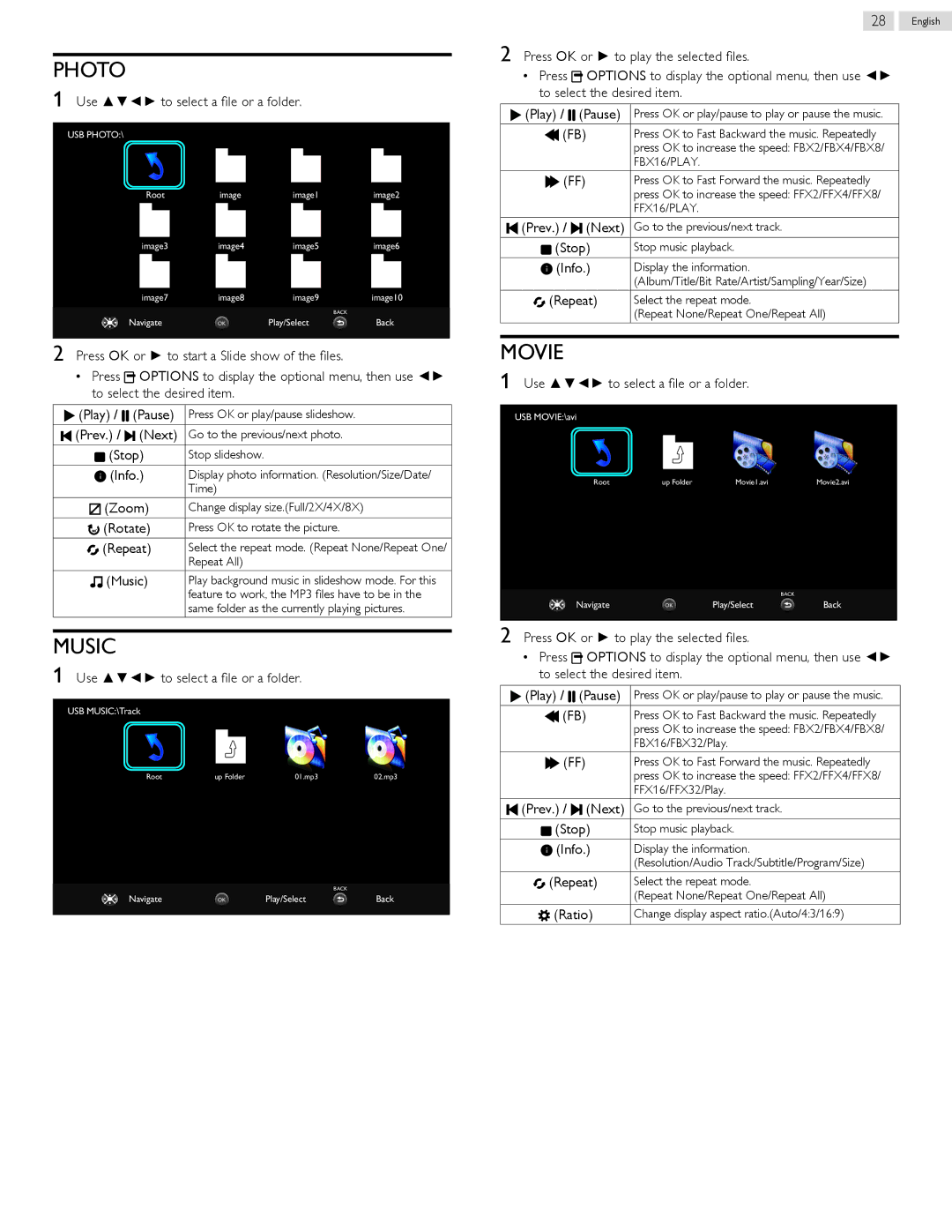 Philips 47PFL5708/F7, 32PFL5708/F7, 40PFL5708/F7, 39PFL5708/F7, 50PFL5708/F7 user manual Use to select a file or a folder, Stop 