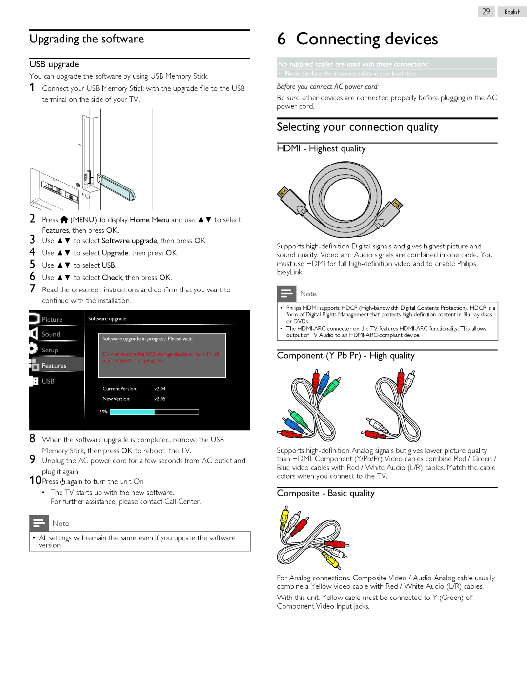 Philips 50PFL5708/F7, 32PFL5708/F7 user manual Connecting devices, Upgrading the software, Selecting your connection quality 