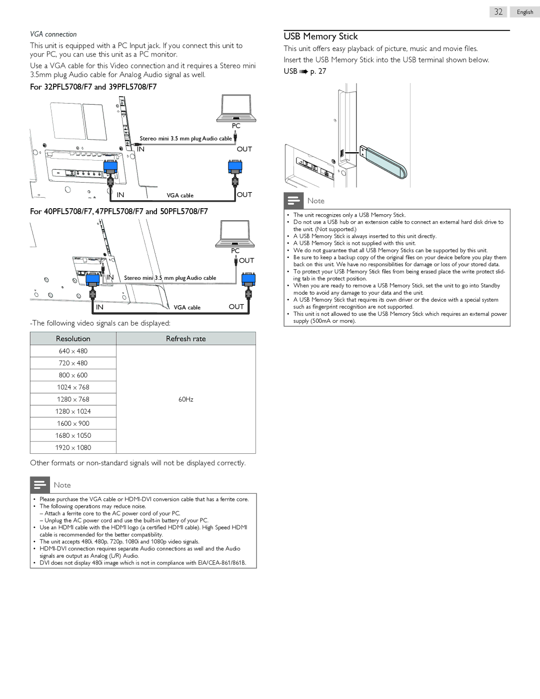 Philips 39PFL5708/F7, 32PFL5708/F7, 40PFL5708/F7, 47PFL5708/F7, 50PFL5708/F7 user manual USB Memory Stick, VGA connection 