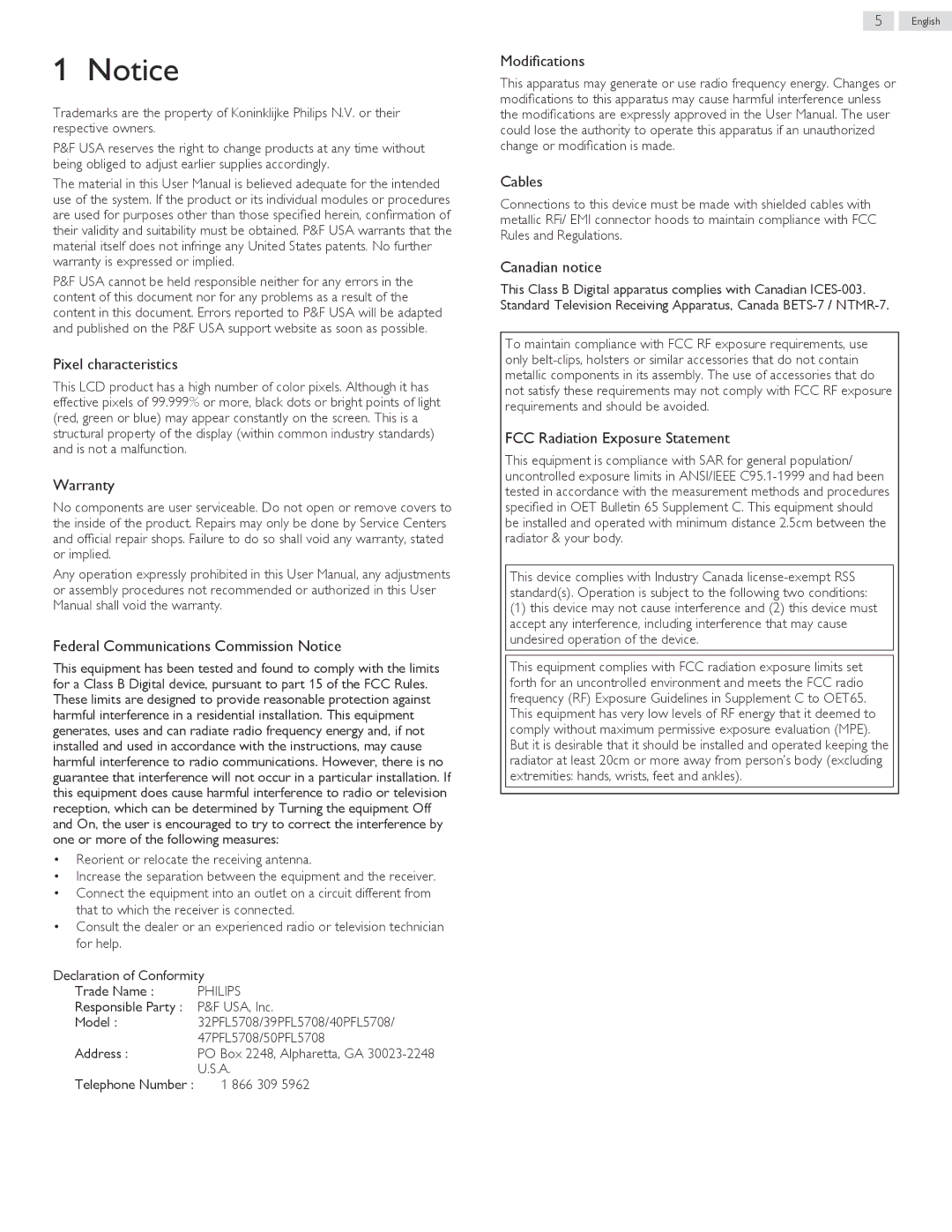 Philips 32PFL5708/F7 Pixel characteristics, Warranty, Federal Communications Commission Notice, Modifications Cables 