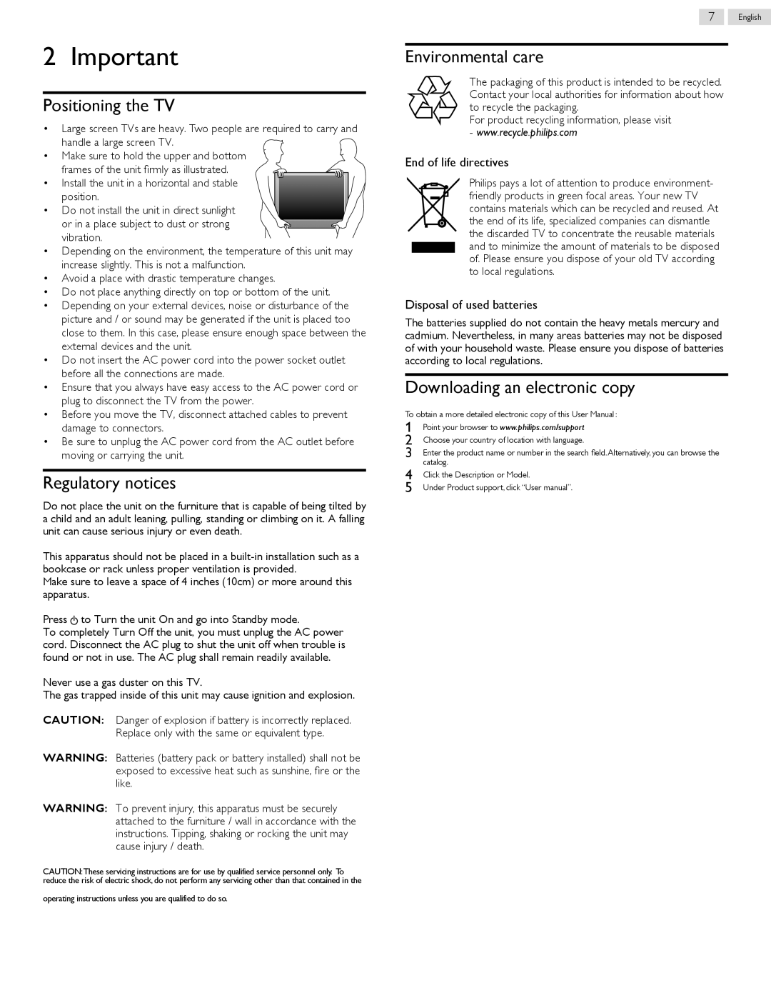 Philips 39PFL5708/F7 user manual Positioning the TV, Regulatory notices, Environmental care, Downloading an electronic copy 