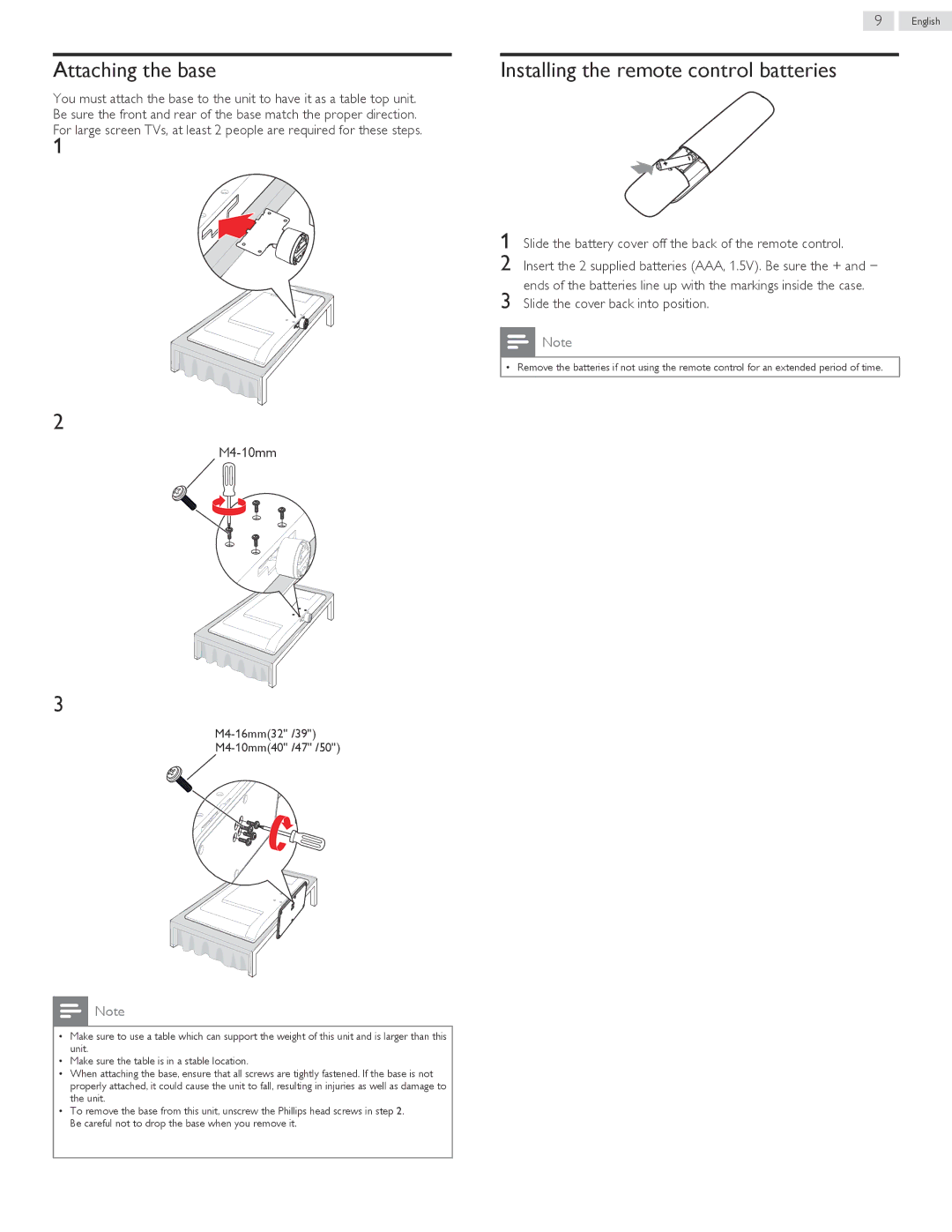 Philips 50PFL5708/F7, 32PFL5708/F7, 40PFL5708/F7 Attaching the base, Installing the remote control batteries, M4-10mm 