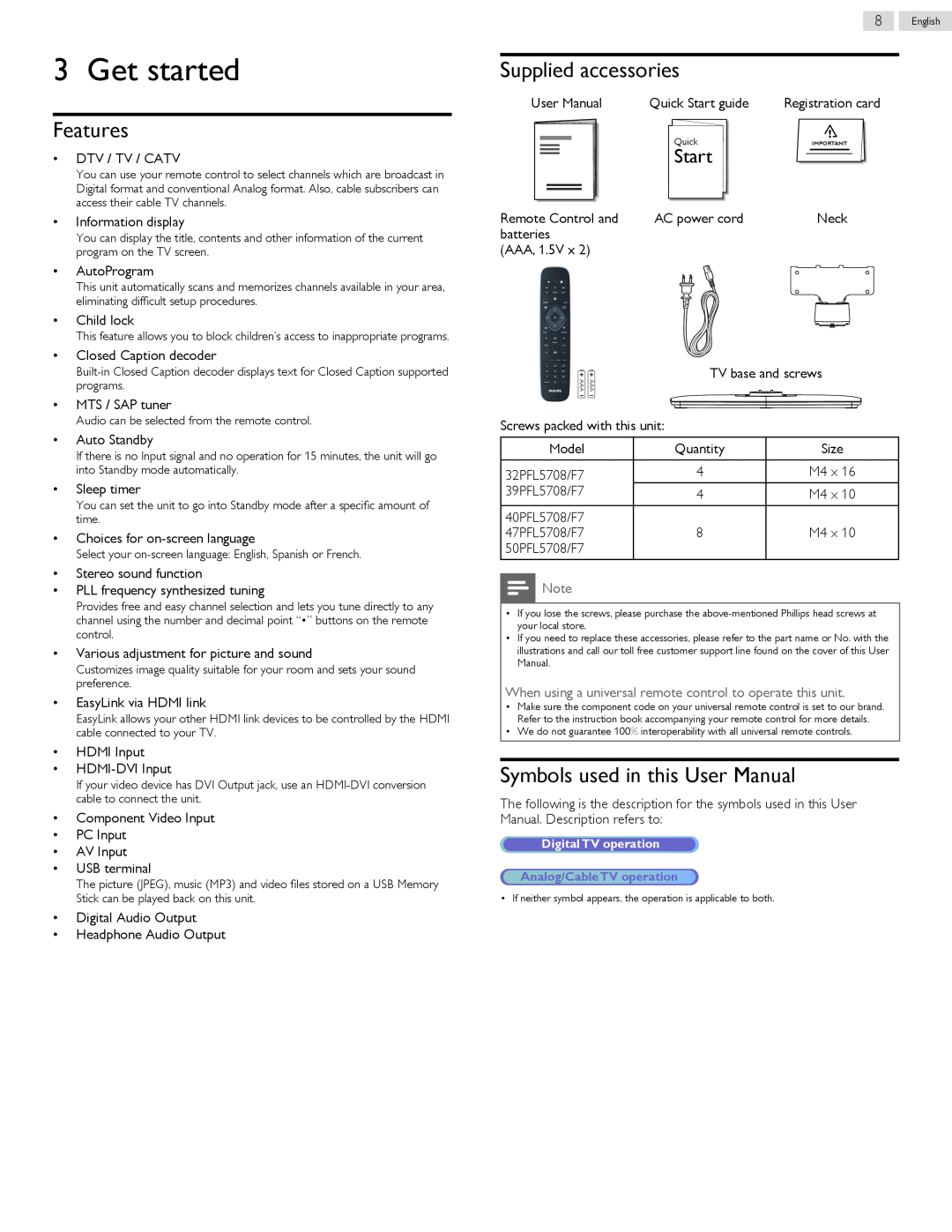 Philips 47PFL5708/F7, 32PFL5708/F7 Get started, Features, Supplied accessories, Symbols used in this User Manual, Start 
